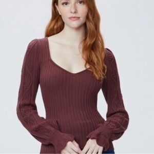 Paige Europa Plum Cotton/Nylon/Silk V Neck Ribbed Bell Sleeves - M